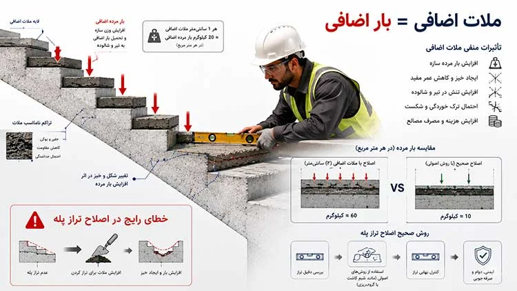 افزایش بار مرده پله به دلیل استفاده از ملات ضخیم اصلاحی