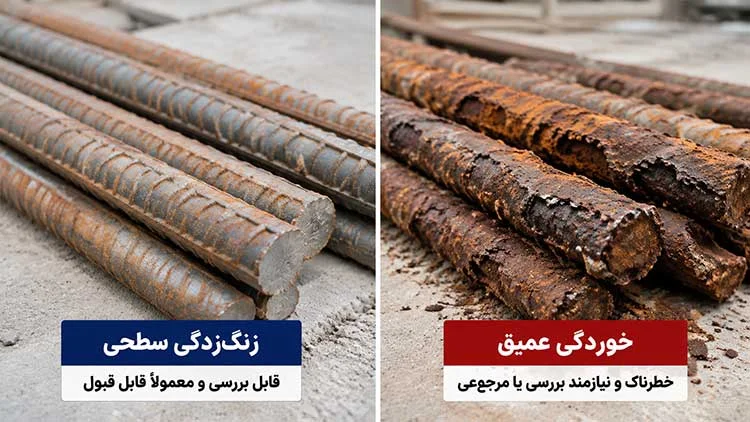 مقایسه زنگزدگی سطحی و خوردگی عمیق میلگرد در کارگاه ساختمانی