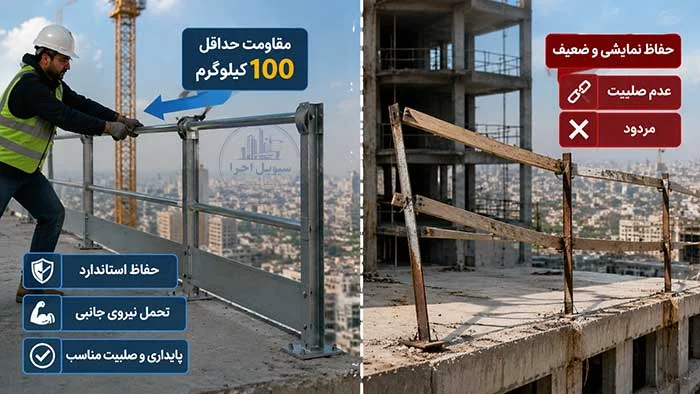 تست مقاومت حفاظ جان‌پناه در کارگاه ساختمانی برای اطمینان از تحمل بار و جلوگیری از سقوط
