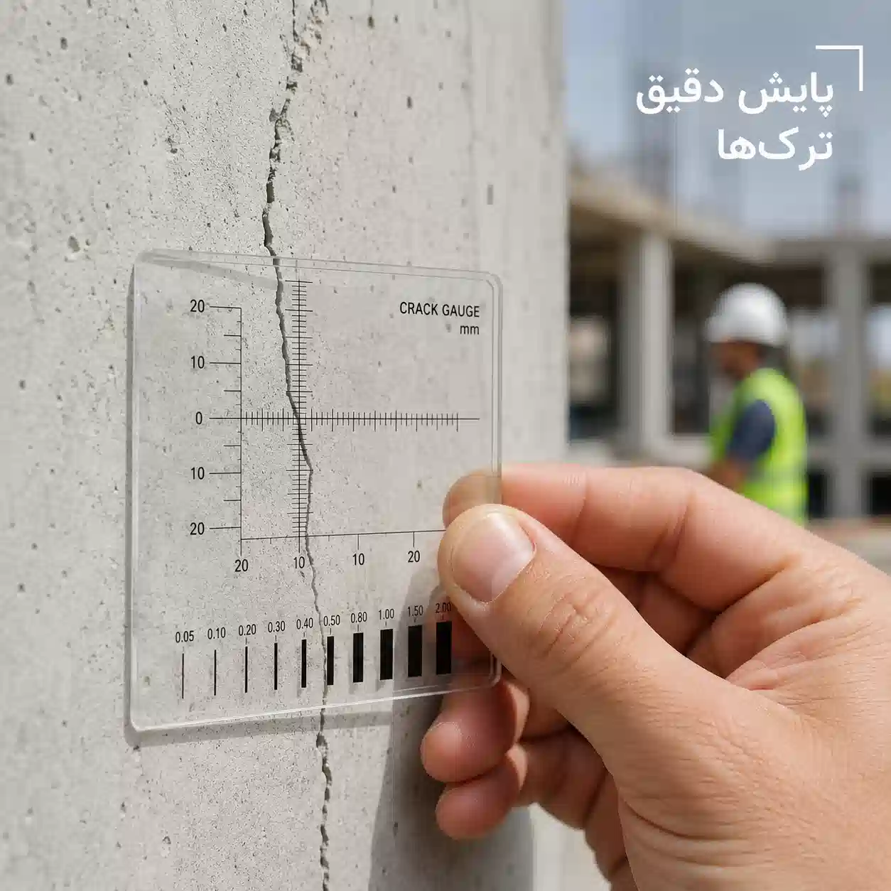 مهندس عمران در حال استفاده از کرک‌سنج دیجیتال برای پایش و اندازه‌گیری عرض ترک دیوار جهت تشخیص ترک سازه‌ای و ارزیابی ایمنی ساختمان