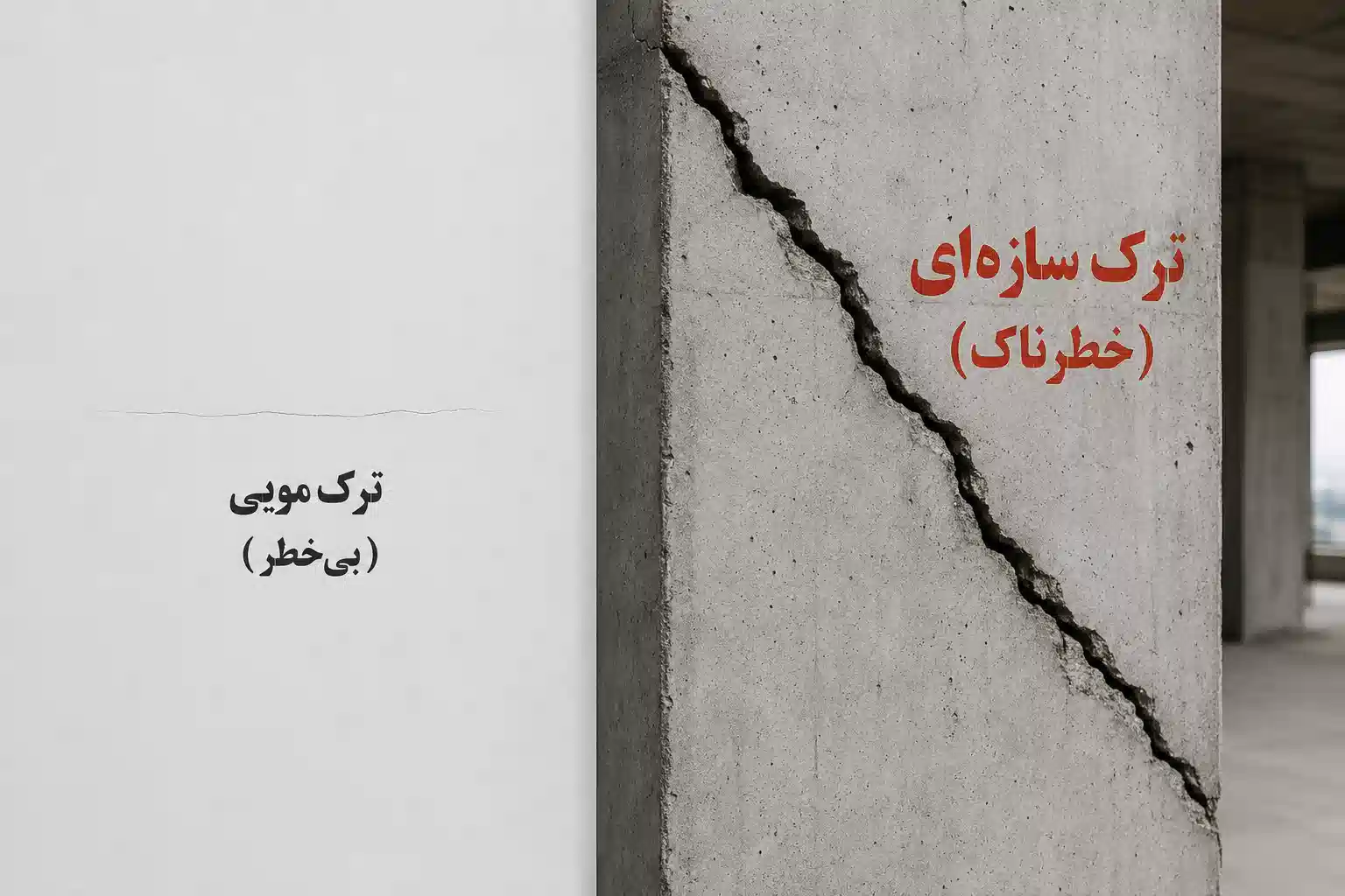 مقایسه تصویری تشخیص ترک سازه‌ای خطرناک (ترک مورب ۴۵ درجه در ستون) با ترک‌های مویی بی‌خطر در دیوار ساختمان