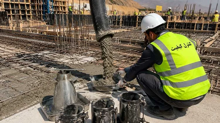 نمونه‌گیری بتن پمپ‌شده از محل خروج بتن در کارگاه ساختمانی
