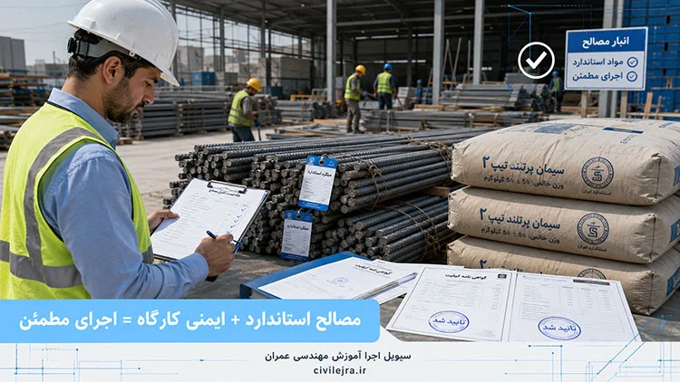کنترل کیفیت مصالح ساختمانی شامل میلگرد و سیمان توسط مهندس ناظر در کارگاه