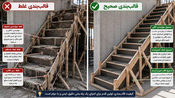 مقایسه قالب‌بندی صحیح و غلط پله بتنی از نظر مهاربندی، آب‌بندی قالب و کنترل ابعاد پله
