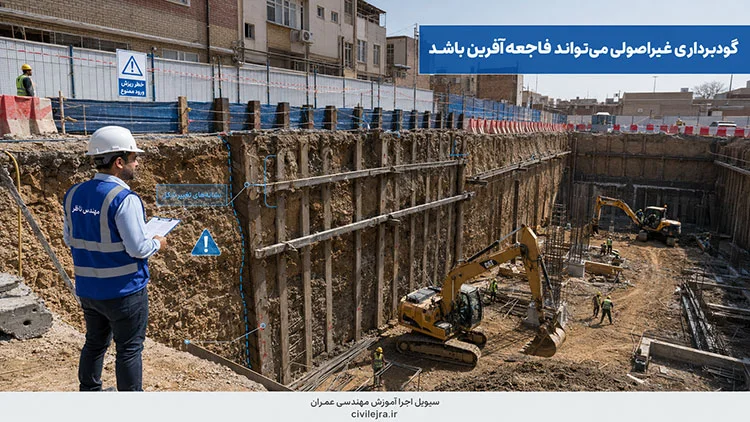 بازدید مهندس ناظر از گودبرداری عمیق و بررسی سیستم پایدارسازی در پروژه ساختمانی